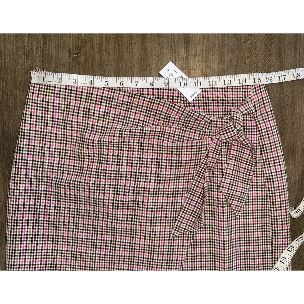 NWT LOFT Ann Taylor Pink Black Tan Plaid Tie Front Faux Wrap Mini Skirt Size 6